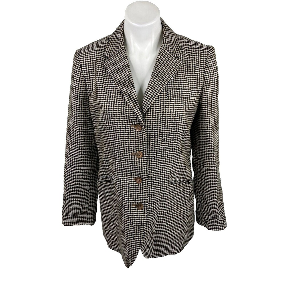 Orvis Women Small 100% Silk Houndstooth Blazer Classic Black Gray Business